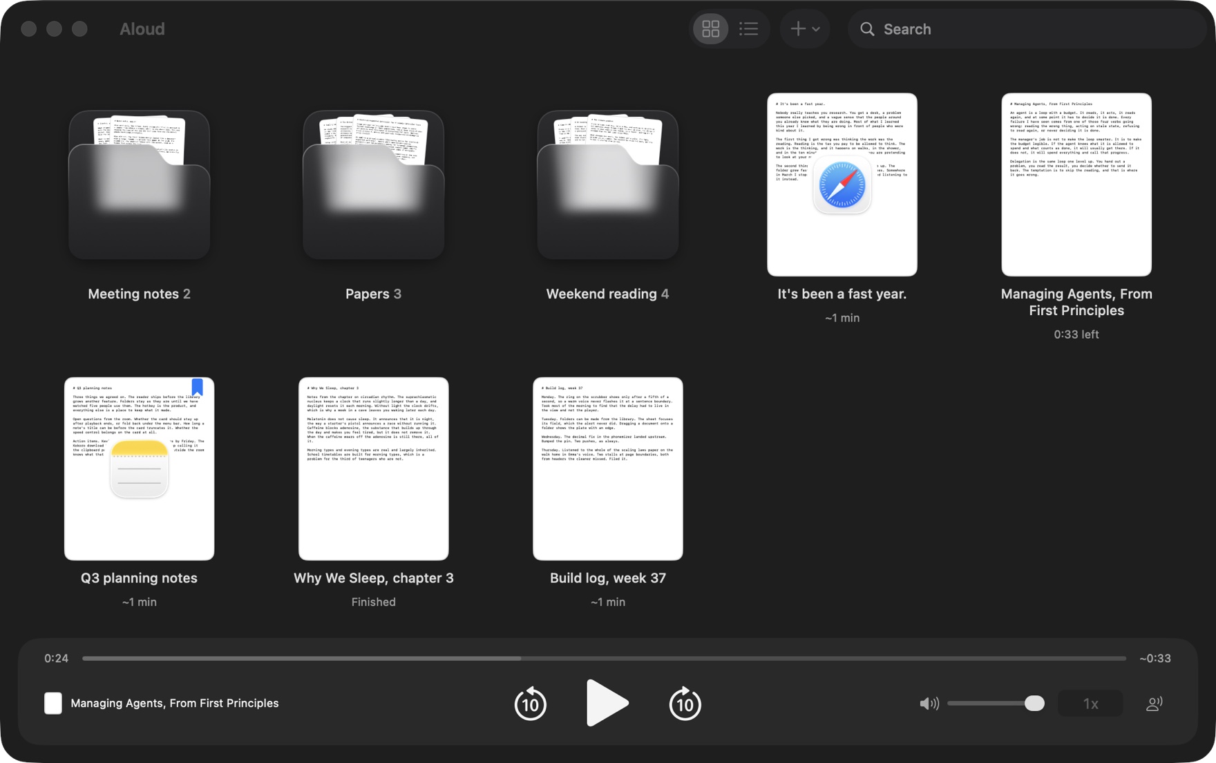 The Aloud library in dark mode: three folders with pages showing over their pockets, documents with their time left, and the player bar along the bottom
