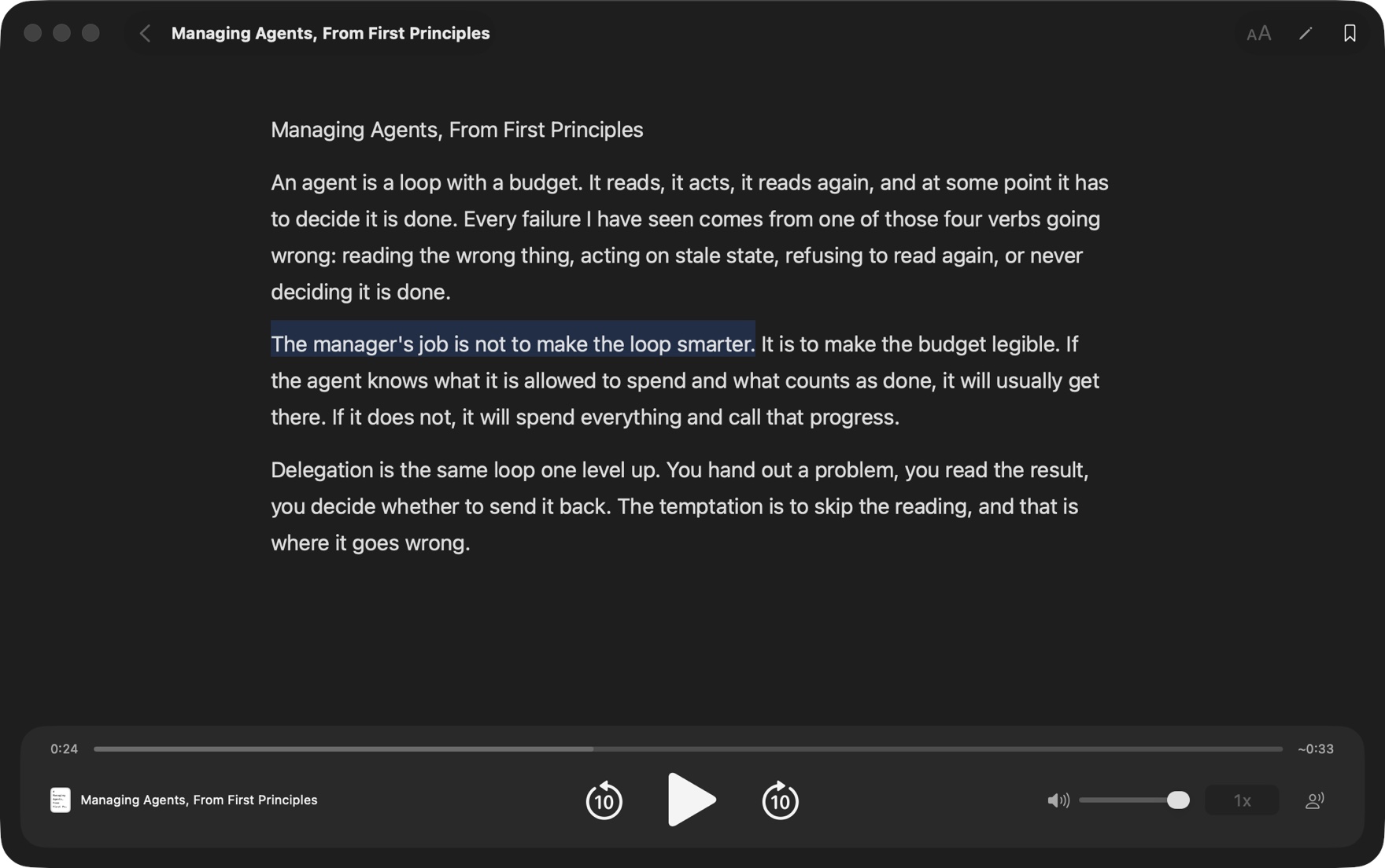 The Aloud reader in dark mode reading Managing Agents, From First Principles, with one sentence highlighted and the player bar below